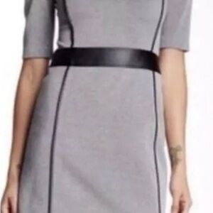 Elegant Theiry Black and White Sheath Dress with Black Leather Piping